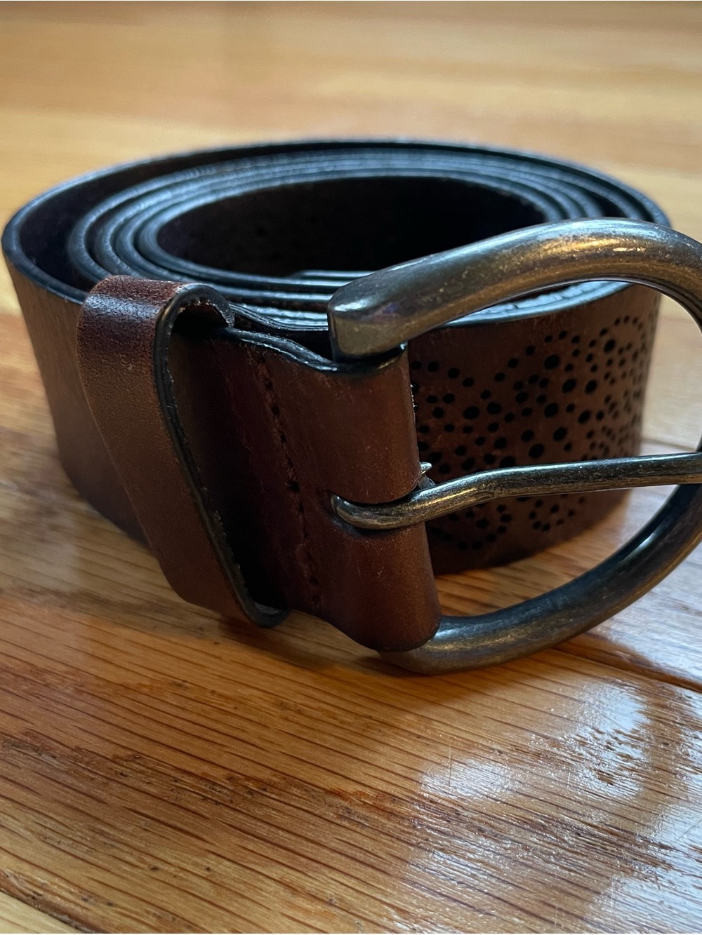 Women’s brown leather pierced Belt with Antiqued Silver Metal Buckle